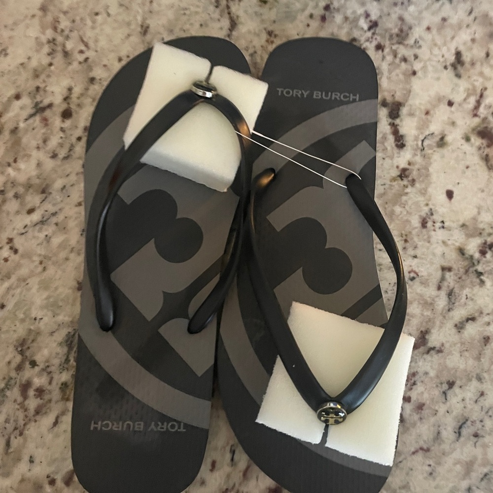 Tory Burch Black and Gray Logo Flip Flop Sandals